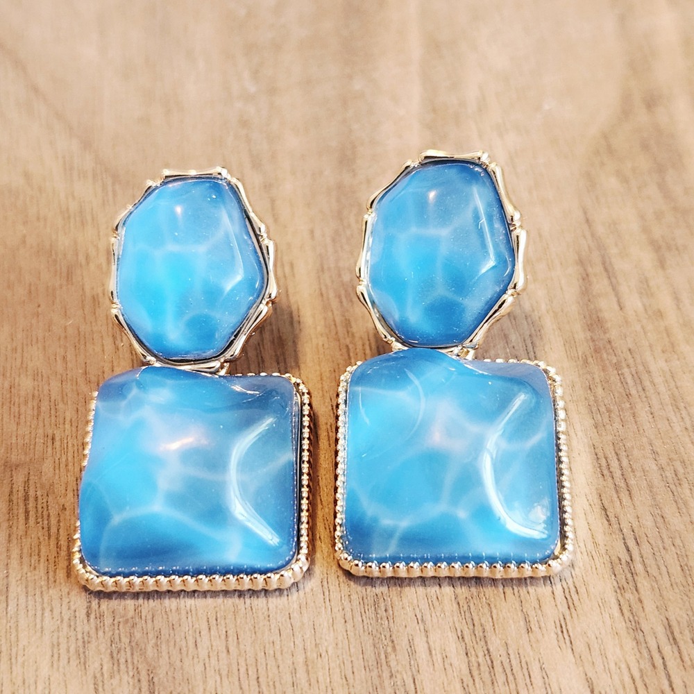 Blue Marbled Resin Geometric Drop Earrings Gold Tone Textured Frame Statement